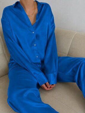 90s 100% Silk Pajama Pant Set Size Medium Royal Blue Loungewear Soft